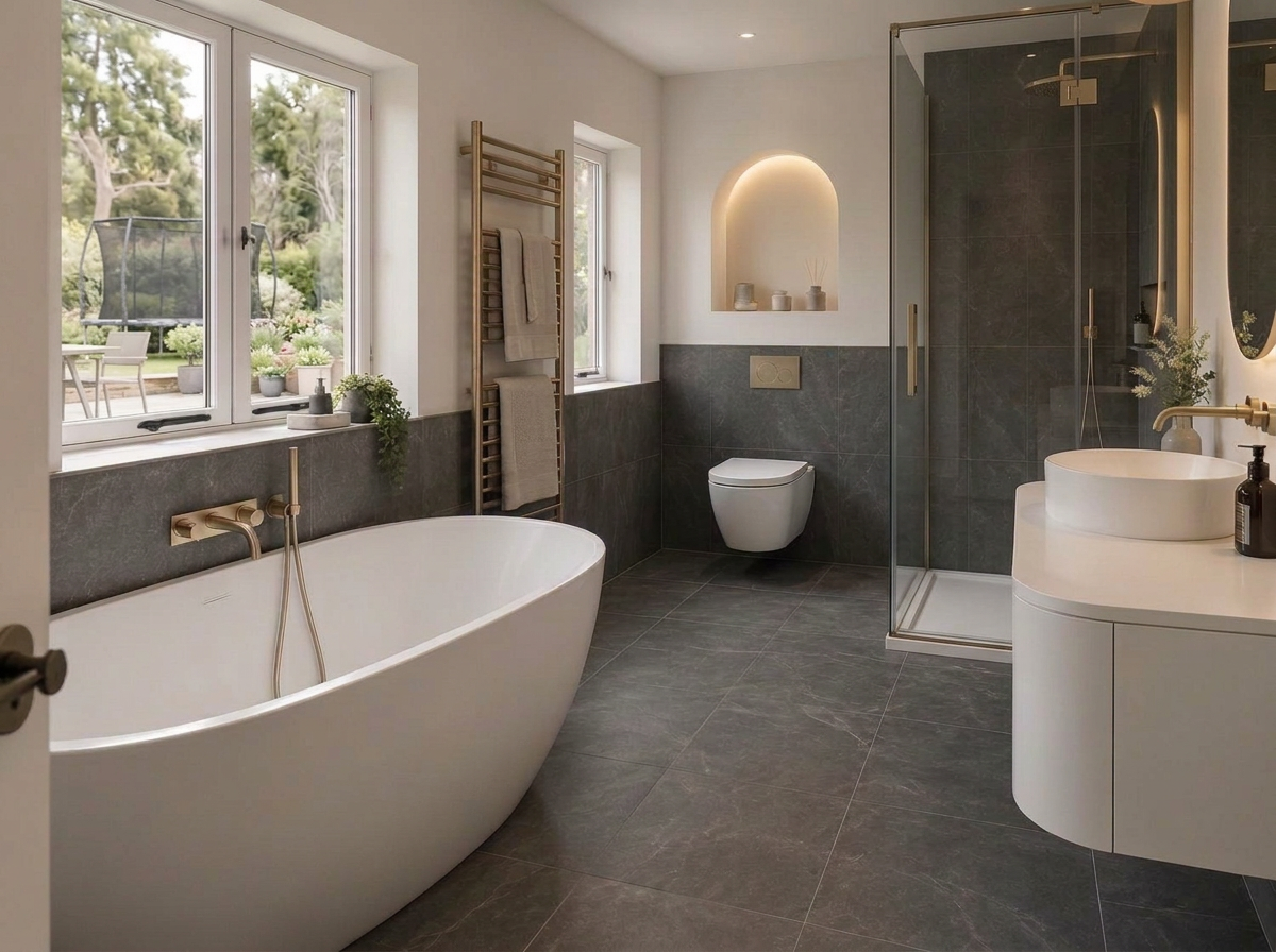 Main bathroom with freestanding bath, dark stone tiling and brass fittings